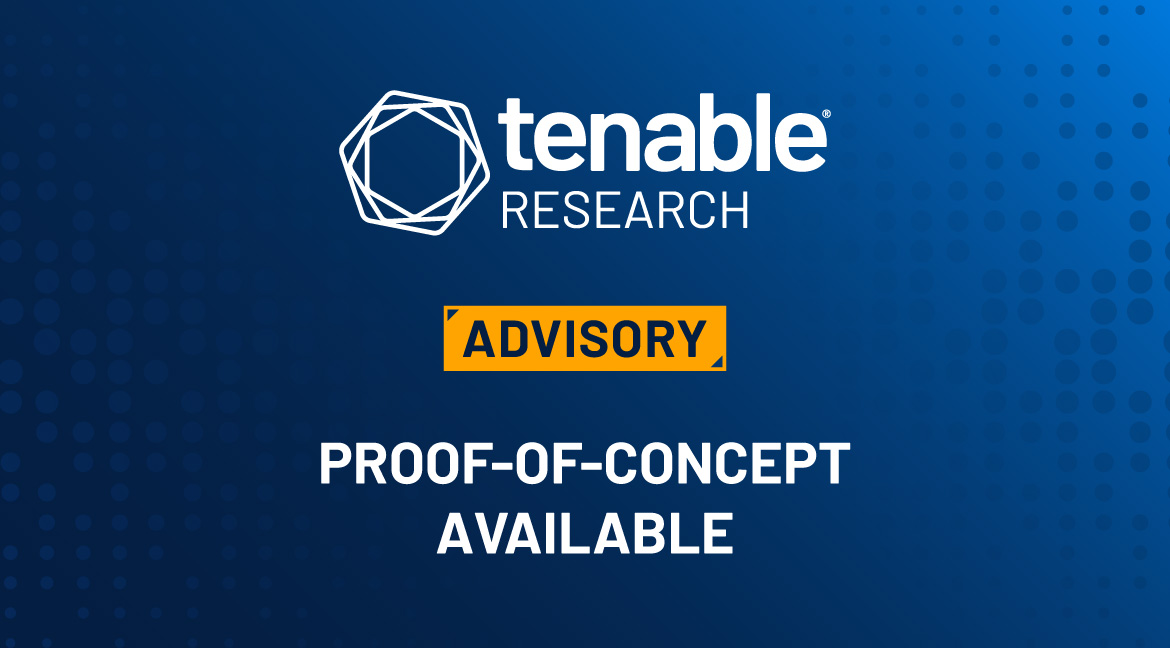 A blue gradient background with the Tenable Research logo at the top center of the image. Underneath the logo is an orange rectangular shaped box with the word "ADVISORY" in it. Underneath this box are the words "Proof of Concept Available."
